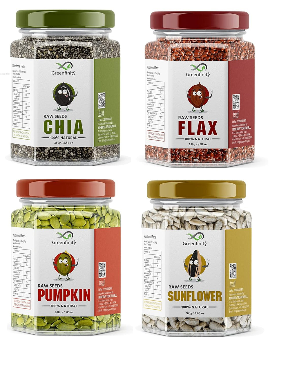 GreenFinity Healthy Seeds Combo- Pumpkin, Sunflower, 200g, Chia Flax Seeds 250g (Pack of 4)